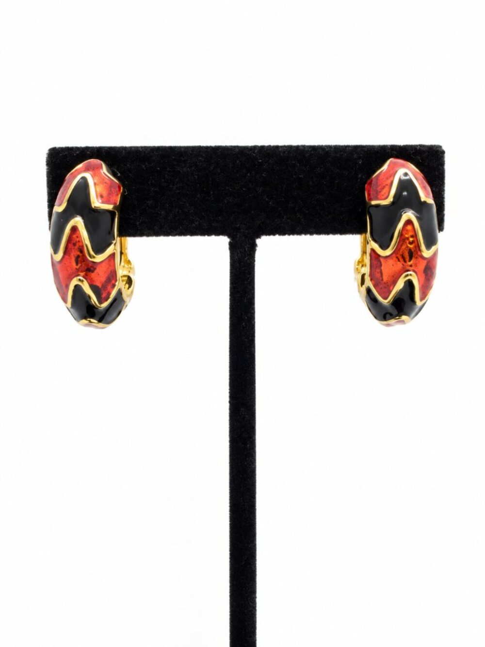 VINTAGE CLIP EARRINGS Red Black Enamel Chunky Hoop Gold Tone Abstract 1.25"